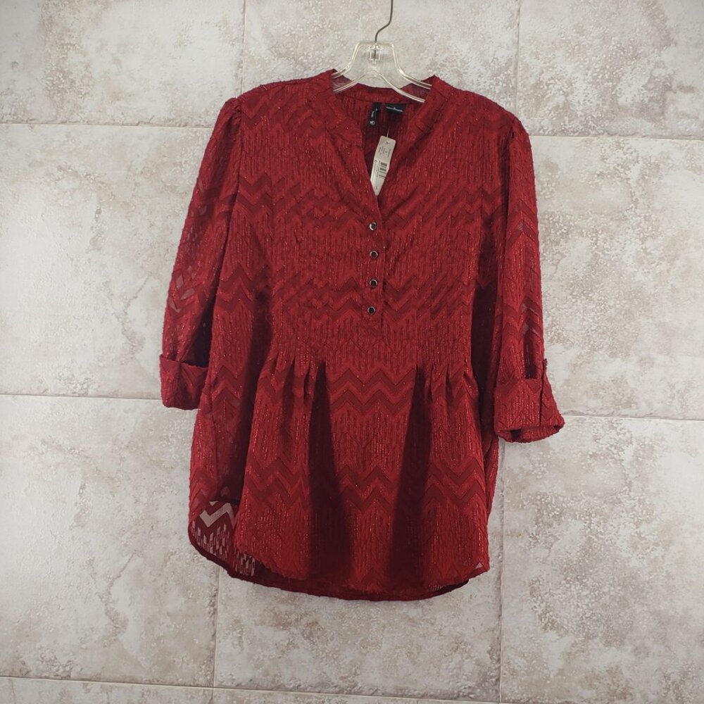 Band Collar Henley New Directions Maroon Roll Tab 3 /4 Sleeves Sheer Shirt Sz L